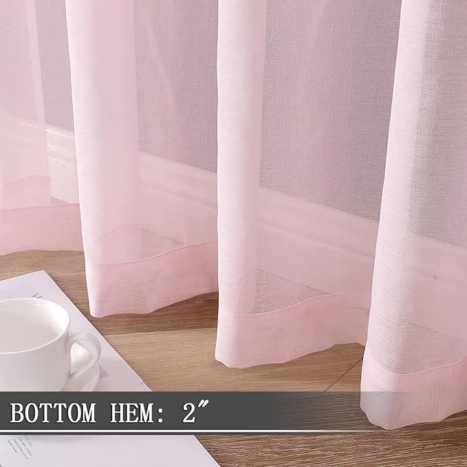 Tollpiz Short Sheer Curtain Linen Textured Living Room Curtains Sheer Light Filtering Rod Pocket Voile Curtain for Bedroom, 42 x 54 inches Long, Pink, Set of 2 Panels