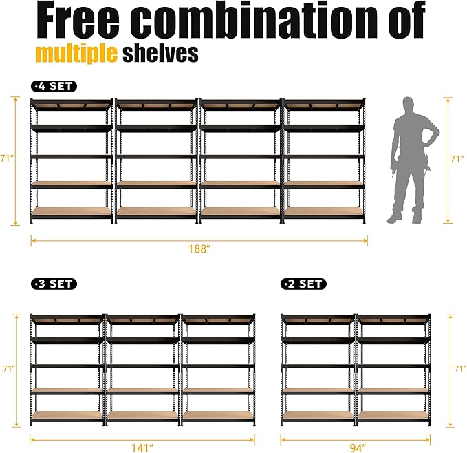 PrimeZone 8 Pack Heavy Duty Storage Shelves - 47" W x 18" D x 71" H 5 Tier Adjustable Garage Storage Shelving, Metal Storage Utility Rack Shelf Unit for Warehouse Pantry Closet Kitchen, Black