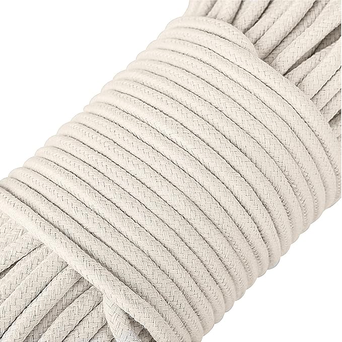 1/4 Inch Natural Cotton Rope, White Craft Rope Clothesline, Used for DIY Rope Baskets, Handicrafts, Candle Wicks, etc, 6MM, 52 Feet.
