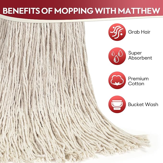 Matthew Cleaning 20oz 6Pack Cotton Floor Mop,Cotton Looped-Open String Heavy Duty String Refills, Universal Headband Blend Material,Mop Head Replacement for Home, Industrial and Commercial Use(White)