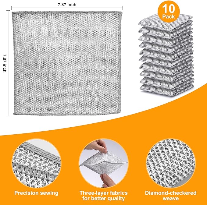 Inkhut Non Scratch Wire Dishcloth, Multipurpose Wire Dishwashing Rag for Wet and Dry, Multifunctional Dish Rags for Washing Dishes, Reusable Steel Wool Scrubber for Kitchen Cleaning
