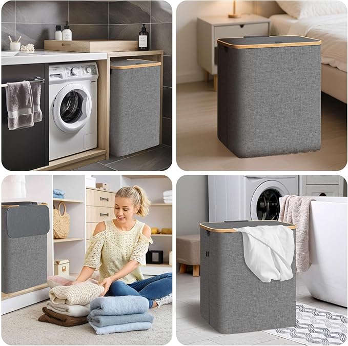 BALEINE Laundry Hamper with Lid, Tall Laundry Baskets with Bamboo Pull Handles, Large Laundry Bin with Internal Support (26 Gal/100L, Black)