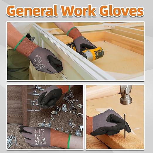 Schwer 12 Pairs Safety Work Gloves with Sandy Nitrile Coating LT5626, Max Abrasion Resistance Heavy Duty Gloves with Grip for Men and Women, Ideal for General Use, Mechanic, Construction, Gardening, S
