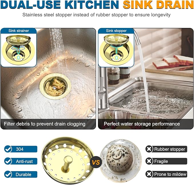 BOTEMY Stainless Steel Gold Sink Drain Strainer Kit 3-1/2 inch Kitchen Drain Assembly with Metal Center Knob Basket Stopper Replacement for Standard Kitchen Sinks