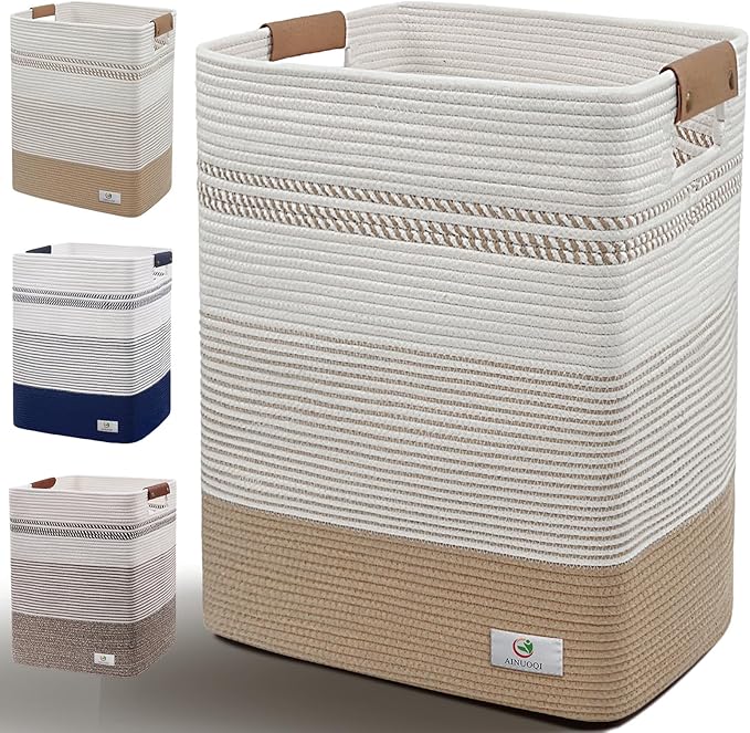 Laundry Hamper Large Laundry Basket with Leather Handles, Decorative Storage Cotton Rope Woven Basket for Blankets, Clothes Hamper for Living Room, Jute & White, 85L