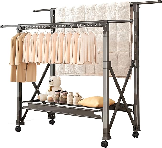 Heavy Duty Rolling Clothing Rack with Wheels, Portable Double Rod Metal Garment Rack, Clothes Drying Hanging Organizer for Laundry, Storage, Freestanding Adjustable Coat Hanger (Extendable, Grey)