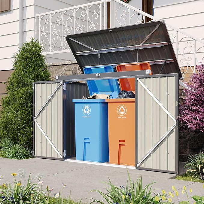 Aoxun 80 CU.FT Outdoor Storage Shed Metal Trash Can Storage with Chain Lid Waterproof Outdoor Garbage Can Organizer, Ideal for 2 Trash Bins, Toys, Garden Tools (Black)