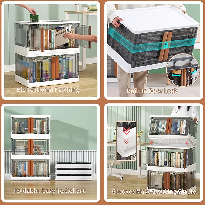 HAIXIN Plastic Storage Containers, Stackable Closet Organizers and Storage, Folding Bookshelf for Bedroom, 8.4 Gal Collapsible Laundry Organizer, 4 Pack