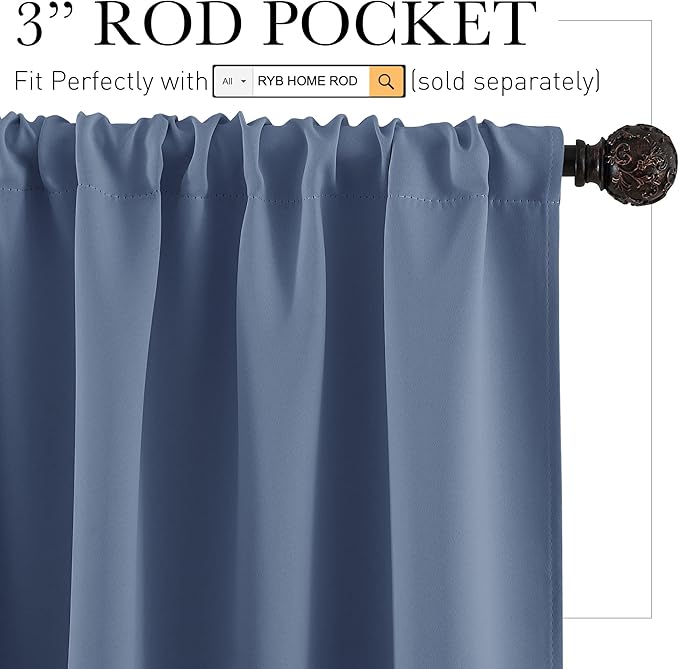 RYB HOME Short Blackout Curtains - Thermal Insulated Noise Reducing Energy Efficiency Small Window Decor for RV Closet Bathroom, 29 inches Wide x 36 inches Long, Stone Blue, 1 Pair
