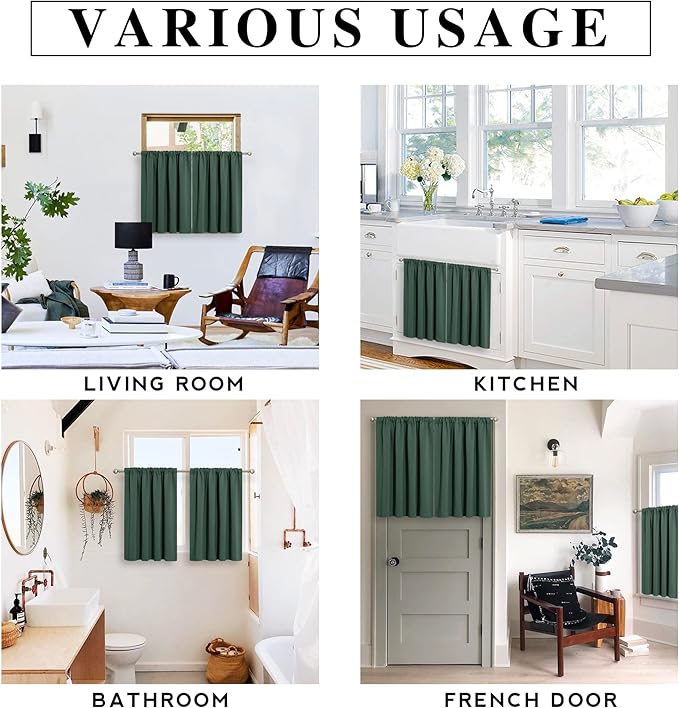 RYB HOME RV Camper Door Window Curtains -Blackout Privacy Curtains & Drapes for Bathroom Bedroom Kitchen Portable Travel Trailer Small Window Decor, W 34 x L 24, Dark Green, 2 Panels