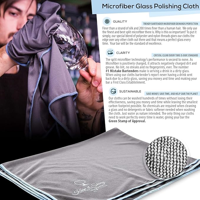 Trendy Bartender Toast to Perfection Microfiber Glass Polishing Lint-Free Cloth for Spotless Shine and a Residue-Free Finish - Pack of 5-25x20 inch - Grey