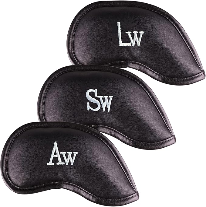 Premium Magnetic Leather Iron and Wedge Golf Club Head Covers | Set of 10 | Fits Most Clubs | Embroidered Club Label on Both Sides of Club Head Cover