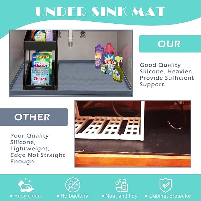 URMONA Waterproof Silicone Under Sink Mat 28'' x 22'' Shelf Liner for Kitchen and Bathroom, Cabinet and Counter Protector, Storage and Organizers, Litter Mat, Pet Cat Puppy Essentials(Cream)