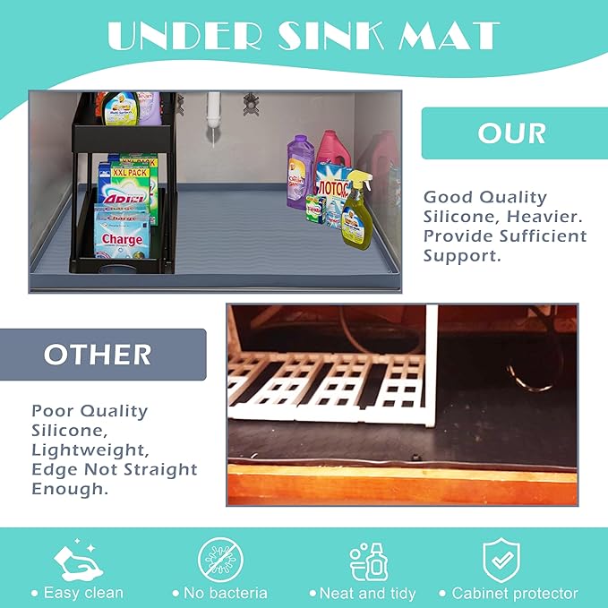 URMONA Waterproof Silicone Under Sink Mat 37'' x 22'' Shelf Liner for Kitchen and Bathroom, Cabinet and Counter Protector, Storage and Organizers, Litter Mat, Pet Cat Puppy Essentials(Cream)