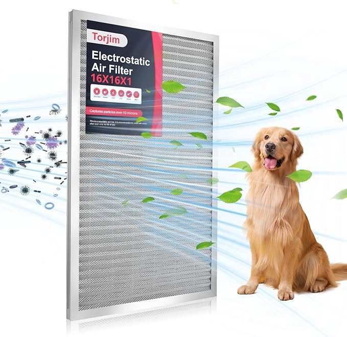 Torjim 16x16x1 MERV8 Washable Reusable Electrostatic Air Filter, AC/HVAC Furnace Filter, Permanent Filter, Breathe Fresher, Easy Install