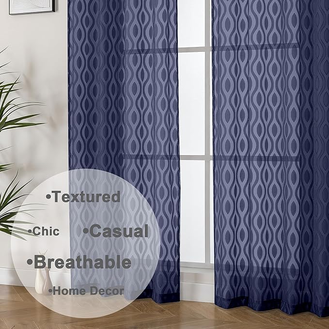 Aiyufeng Navy Blue Curtains 72 Inches Long 2 Panels Set, Elegant Light Filtering Transparent Curtain Draperies for Bedroom Living Room, Classic Clip Solid Wavy Line Door Curtains, 40" Wx72 L Inch