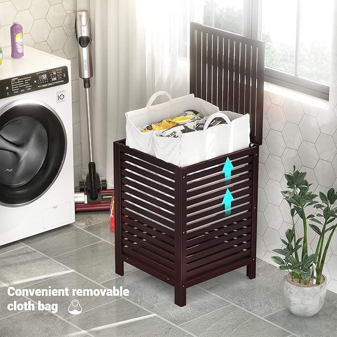Homykic Bamboo Laundry Hamper with Lid, 120L Large Clothes Laundry Sorter with Removable 2-Section Liner Bag, Raised Laundry Basket Organizer for Clothing, Bathroom, Bedroom, Laundry Room, Espresso