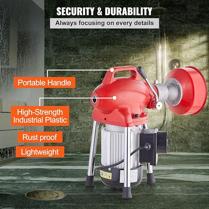 VEVOR Drain Cleaner Machine 120FT x 5/8 Inch, 370W Electric Sewer Snake Auger with 2 Sectional Steel Cables(120' x 5/8" and 23' x 3/8"), 7 Cutters and CW/CCW Control for 1.6" to 4" Pipes