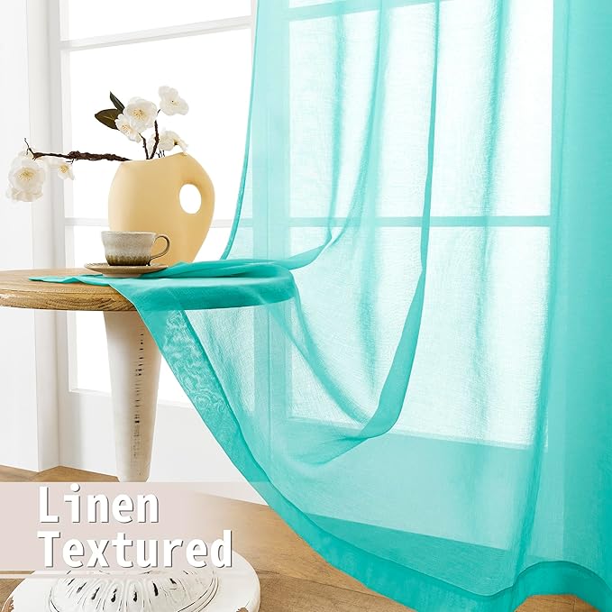 Tollpiz Sheer Door Curtains Closet Linen Textured Curtain Sheers Doorway Light Filtering Voile French Door Rod Pocket Curtains Patio Door, 54 x 63 inches Long, Aqua Blue, Set of 1 Panel