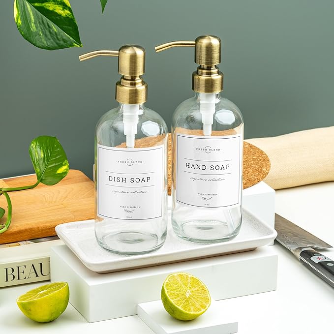 Vine Creations Glass Soap Dispenser, 2 Pack Kitchen Soap Dispenser Set with Ceramic Tray, Stainless Steel Pump, Dish Soap and Hand Soap Dispensers for Bathroom or Kitchen Decor with Waterproof Labels