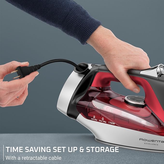 Rowenta Iron, Focus Excellence Stainless Steel Soleplate Steam Iron for Clothes, Retractable Cord, 400+ Microsteam Holes, Powerful steam, LED Display, 1750 W Ironing Clothes, Cordreel, Red DW5433