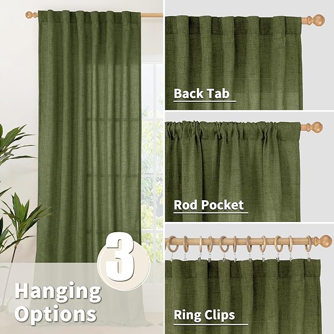 YoungsTex Olive Green Linen Curtains 45 Inch Length, Short Window Drapes Light Filtering Textured Semi Sheer with Rod Pocket Back Tab for Kitchen Living Room, 2 Panels, 42 X 45 Inch