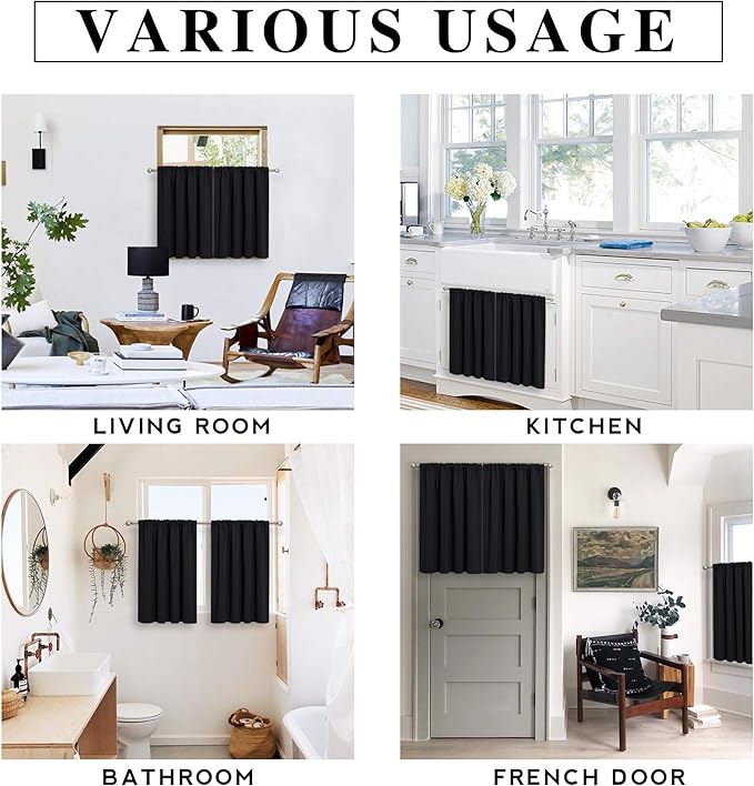 RYB HOME RV Camper Door Window Curtains -Blackout Privacy Curtains & Drapes for Bathroom Bedroom Kitchen Portable Travel Trailer Small Window Decor, W 34 x L 24, Black, 2 Panels