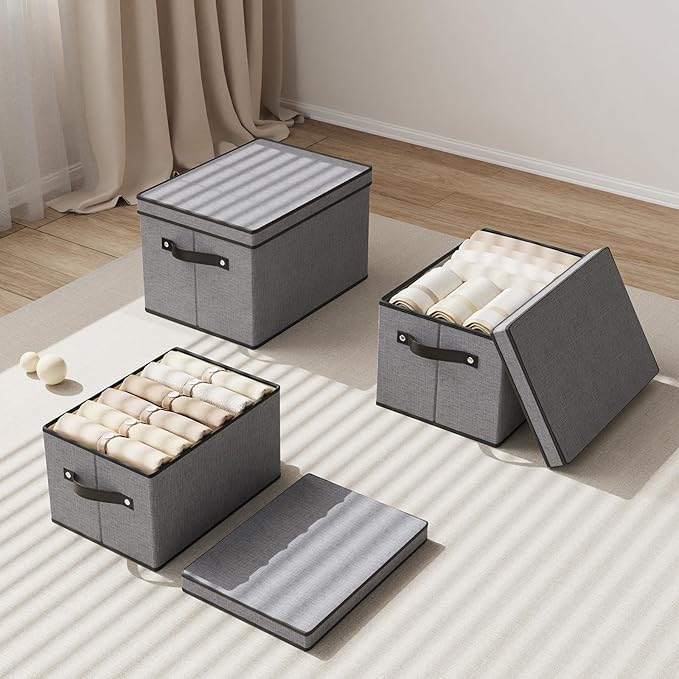 Fabric Storage Boxes, 7.1 x 9.1 x 13 Inch Baskets for Shelves with Lids, Wardrobe Organiser with Handles, Decorative Linen Closet Organizer Bins, Gray, 1 Pack