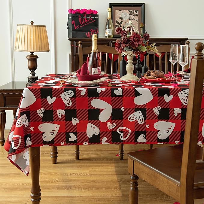 Waterproof Checkered Tablecloth Fabric - Rectangle 58x84 Inch Happy Valentine Table Cloth for Indoor/Outdoor Use - Red Checkered Table Cover for Kitchen, Dinner, and Parties