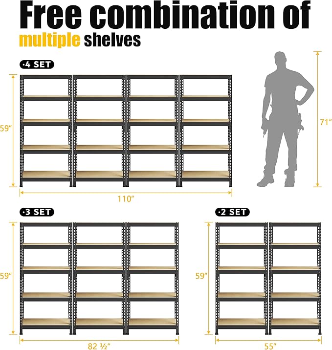 PrimeZone Storage Shelves 5 Packs 5 Tier Adjustable Garage Storage Shelving, Heavy Duty Metal Storage Utility Rack Shelf Unit for Warehouse Pantry Closet Kitchen, 28" x 12" x 59", Black
