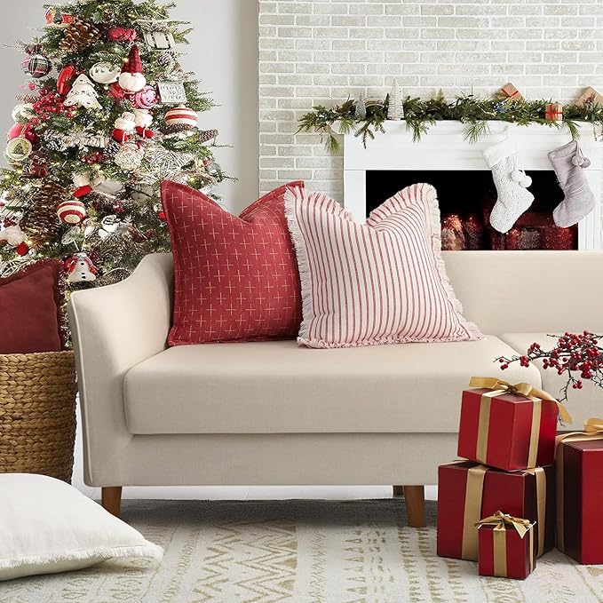 ZWJD Christmas Pillow Covers 20x20 Set of 2 Soft Polyester Textured Pillowcases with Stylish Flange Edge Cozy Farmhouse Christmas Pillows for Couch Bed Sofa Living Room (Red)