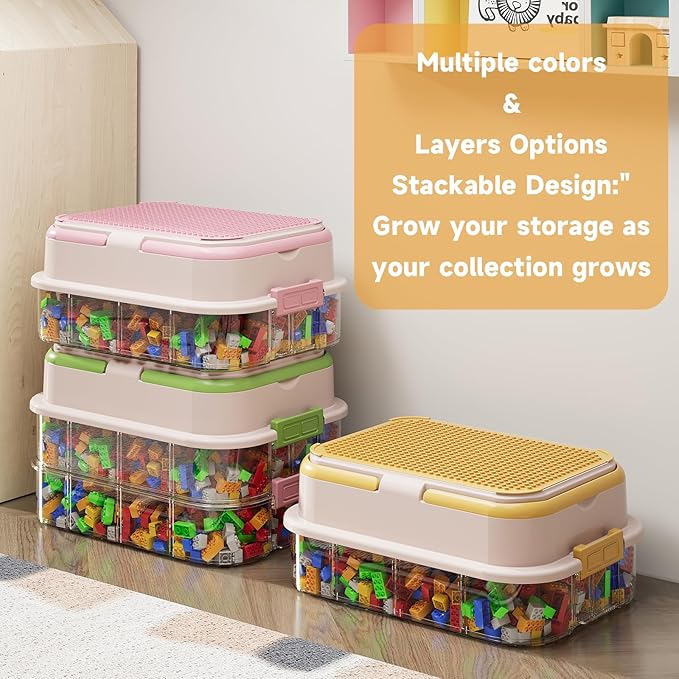 Toy Storage Organizer Box with Handle, Stackable Building Block Toy Box with Building Plate Lid & Removable Sorting Trays, Cubby Bins and Containers 2 Layer (Pink)