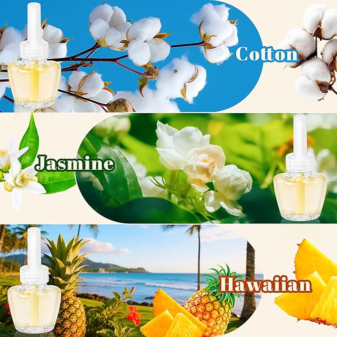 Plug-in Air Freshener Starter Kit, 1 Warmer and 9 Essential Oil Refills, Hawaiian, Jasmine, Cotton Scents for Home, Bathroom and Office, Compatible with Air Wick,Compatible with Glade