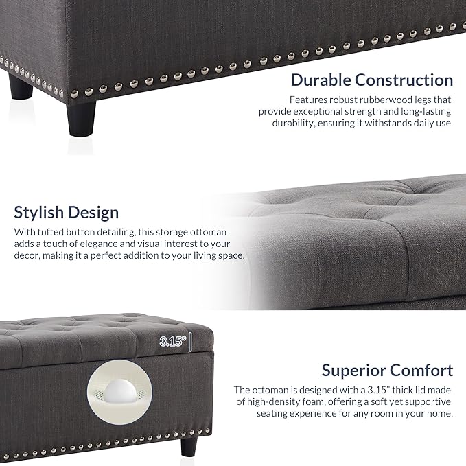 BELLEZE 47" Storage Ottoman, Storage Bench with Safety Close Hinge, Linen Button-Tufted Ottoman for Living Room, Entryway, Hallway, Foot Rest, Support 300lbs - Dark Gray