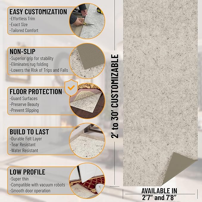 Ottomanson 2'7" x 6' Non-Slip Rug Pad Gripper 1/12 Inch Ultra Thin Dual Surface Felt + Rubber Gripper - Safe for All Floors, Cream