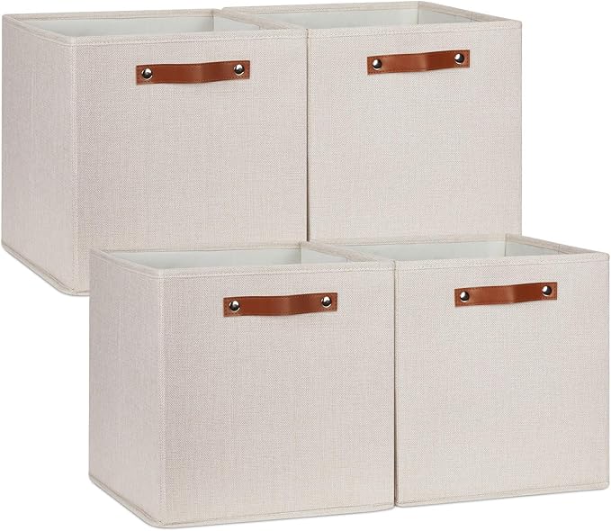 DULLEMELO Storage Baskets for Shelves Closet Storage,Sturdy Home Organization Bins for Gifts Empty,Foldable Fabric Storage Cubes Baskets for Nursery Toys Towels Clothes Storage(Beige-4 Pack)