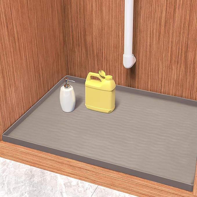 URMONA Waterproof Silicone Under Sink Mat 28'' x 22'' Shelf Liner for Kitchen and Bathroom, Cabinet and Counter Protector, Storage and Organizers, Litter Mat, Pet Cat Puppy Essentials(Beige)