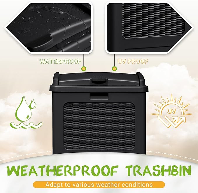 YESHOMY 33 Gallon Resin Outdoor Trash Can with Lid, Hideaway Waterproof Patio Garbage Bin, Black