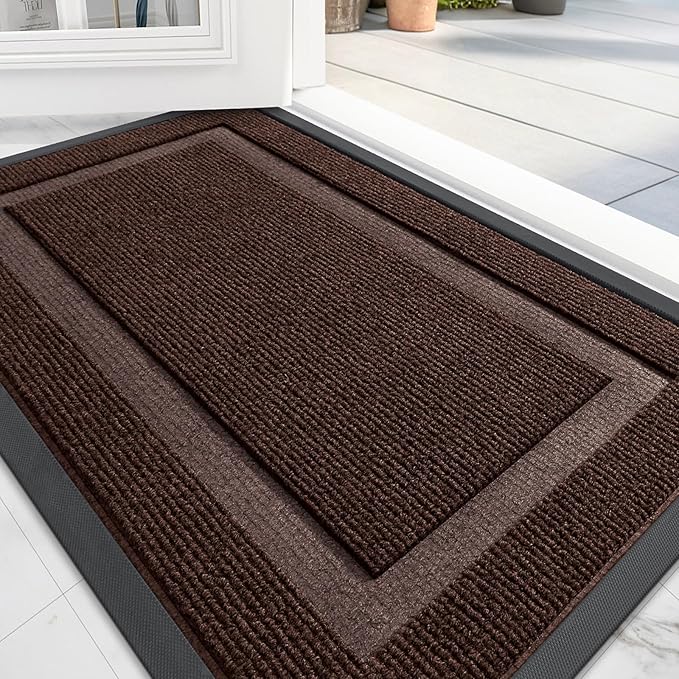 OLANLY Front Door Mat Indoor Outdoor Entrance, Waterproof All-Season, All-Weather Doormat, Sturdy Natural Rubber, Fade Resistant, Low Profile, Easy Clean Patio Porch Entryway Mat, 29.5x17, Dark Brown