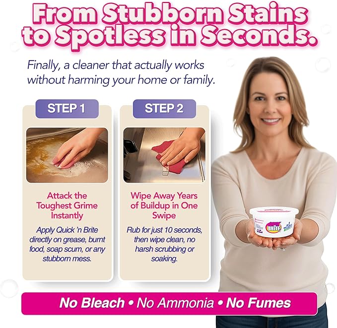 Quick 'n Brite All Purpose Cleaning Paste – Miracle Cleaner for Tough Stains, Biodegradable, Non-Toxic, Pet-Safe, Multi-Surface Stain Remover, Made in USA, 12 Oz