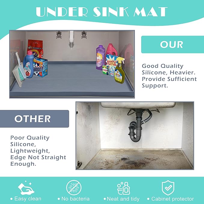 URMONA Waterproof Silicone Under Sink Mat 25'' x 19'' Shelf Liner for Kitchen and Bathroom, Cabinet and Counter Protector, Storage and Organizers, Litter Mat, Pet Cat Puppy Essentials(Light Grey)