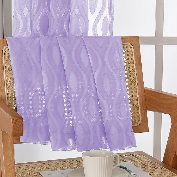 Aiyufeng Lavender Sheer Curtains Tiers 36 Inch Length, Light Filtering Soft Airy Wavy Line Jacquard Textured Short Curtain for Bedroom Bathroom Basement, Dual Rod Pocket, 2 Panels, 40" Wx36 L Inch