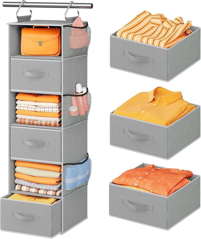 Pipishell Hanging Closet Organizer 6-Shelf, Hanging Shelves for Closet with 3 Removable Drawers & Side Pockets for Bedroom or Garment Rack, 12' x 12' x 43.3', Dark Gray