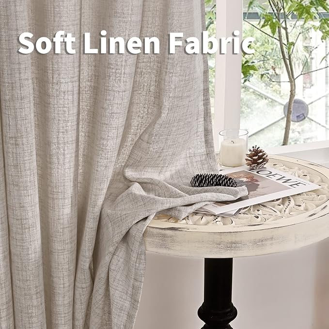 YoungsTex Linen Curtains 48 Inch Length for Kitchen Window, Short Natural Semi Sheer Drapes with Rod Pocket Back Tab for Living Room Bedroom Cafe Bathroom Light Filtering, 2 Panels, 42 X 48 Inch