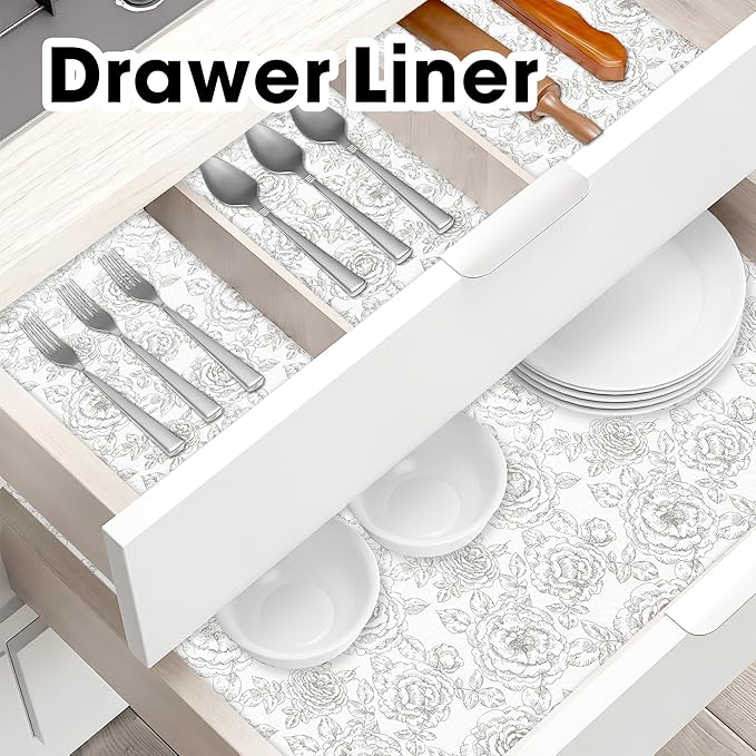 Drawer and Shelf Liner for Kitchen Cabinets Non-Adhesive, Non-Slip Cabinet Liner Shelf Paper Strong Grip Waterproof Easy to Clean for Kitchen Shelves Cupboard, Flower,17.5IN X 30FT