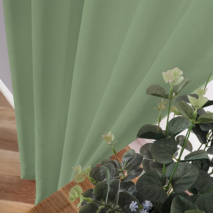 Tollpiz Short Sheer Curtains Living Room Linen Textured Curtain Sheers Light Filtering Voile Rod Pocket Curtains for Bedroom, 38 x 45 inches Long, Sage Green, Set of 2 Panels