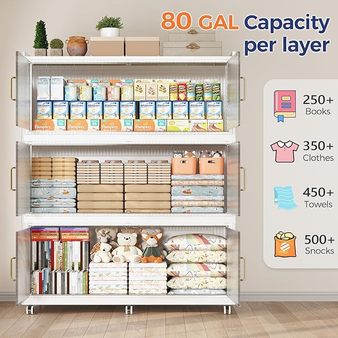 240 Gallon Extra Large Collapsible Storage Bin with Lid, 960QT Stackable Plastic Organizer with 6x Wheels, Foldable Drawer Cabinet for Closet, Living Room Office Dorm 3Pack, White