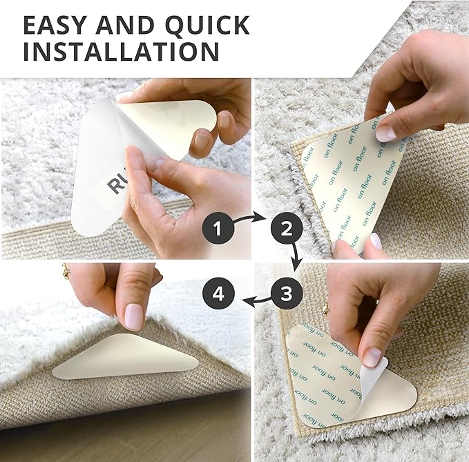 X-Protector Rug Tape - 12 Pcs Set - White Anti-Slip & Anti-Curling Carpet Tape for Hard Floors - Premium Rug Pad Gripper - Ideal Carpet Corner Grippers to Keep Your Carpet in Place & Make Corners Flat