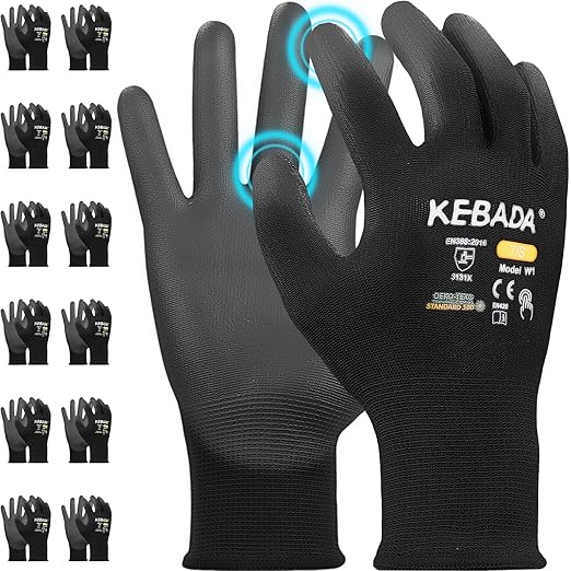 Kebada W1 Work Gloves for Men and Women, PU Coated Safety Gloves with Grip, Touchscreen, Ideal for Warehouse Package Handling, Construction, Gardening, Black XX-Large