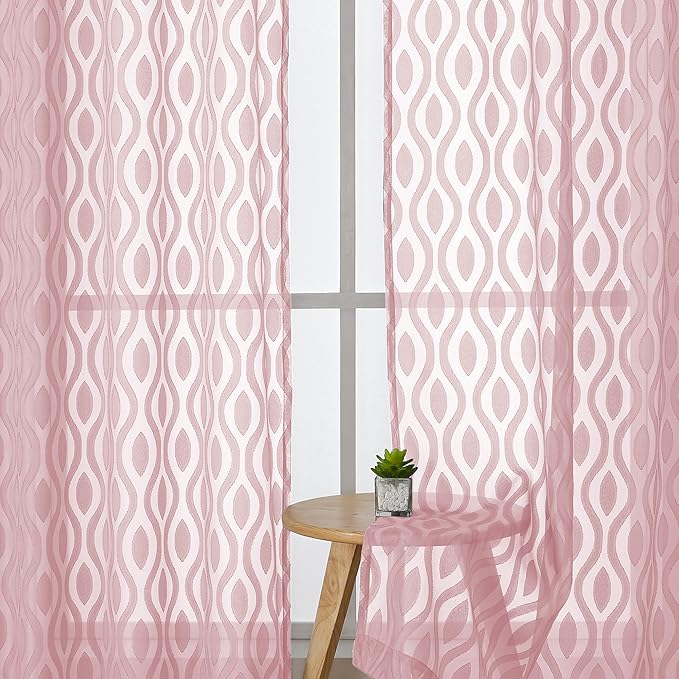 Aiyufeng Blush Pink Sheer Curtains 84 Inches Long 2 Panels Set, Soft Airy Lightweight Transparent Wavy Line Jacquard Farmhouse Curtians for Bedroom Living Room, Dual Rod Pocket, Total 80 inches Width